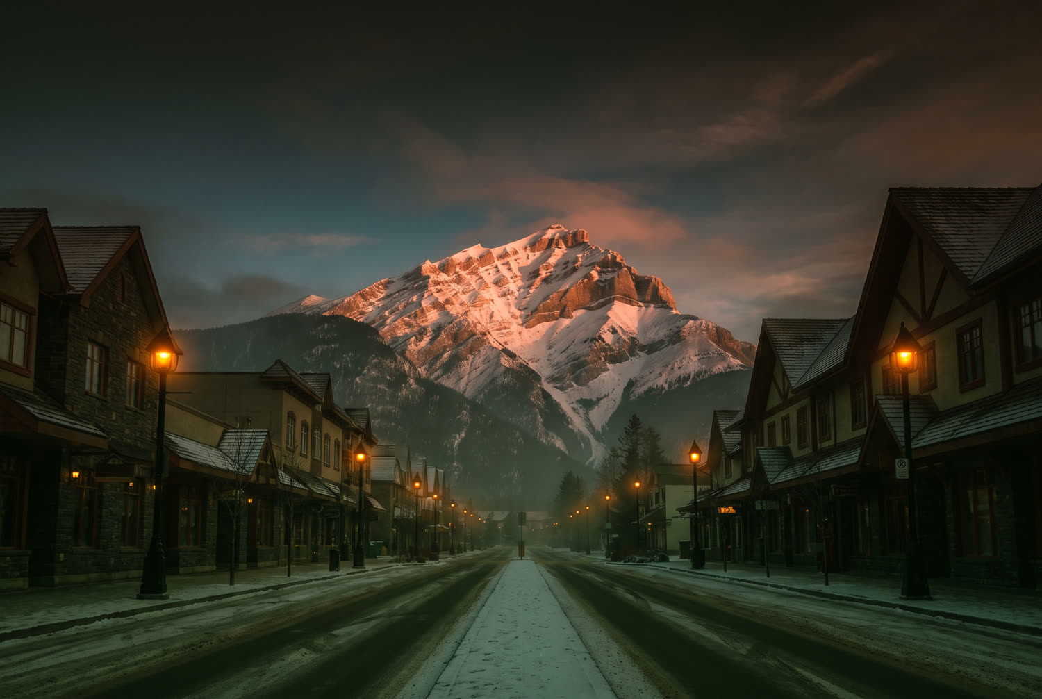 Banff Avenue at dawn with Cascade Mountain lit behind the town
